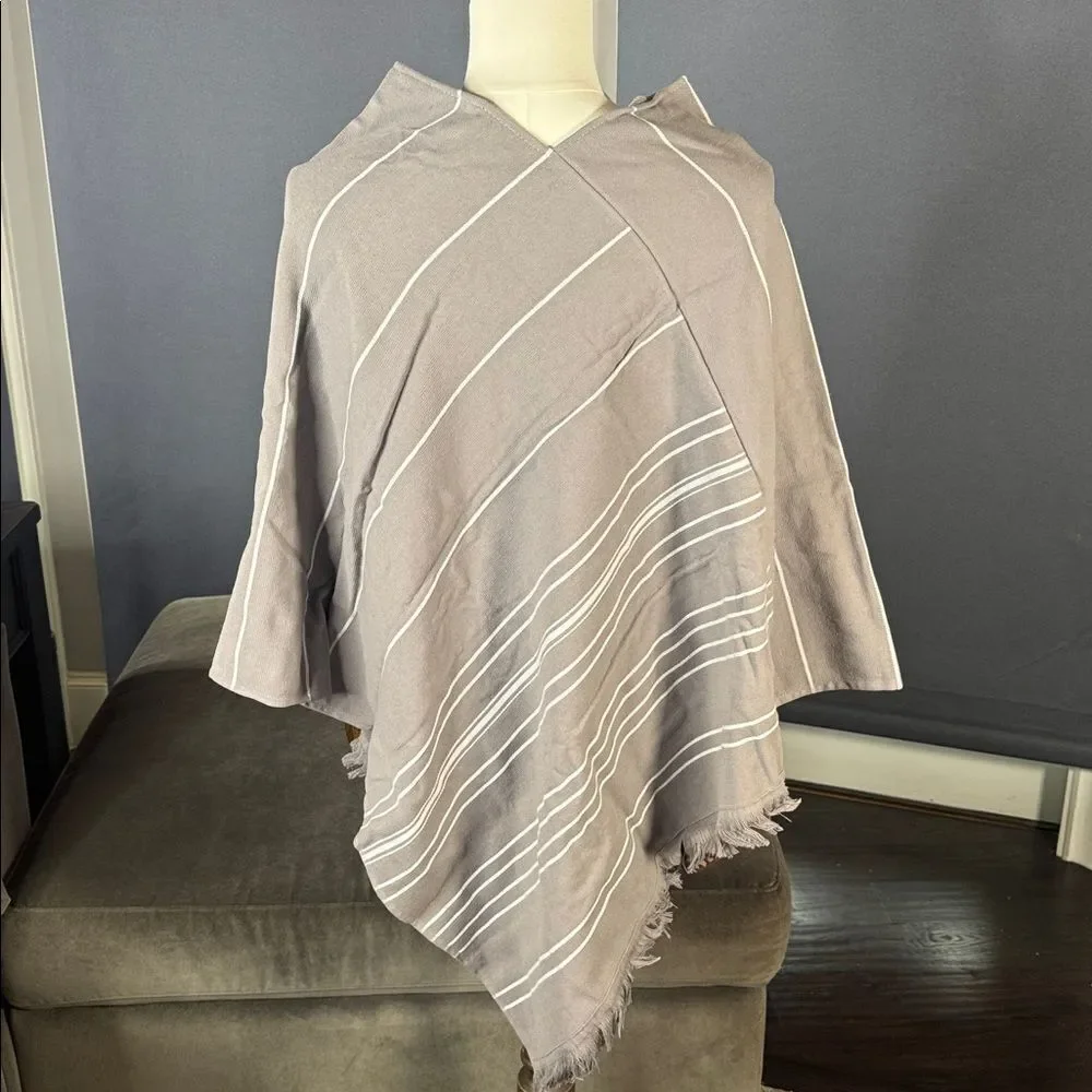 Adult Unisex Gray Striped Poncho Towel & Headband 100% Cotton Turkish Robe NEW